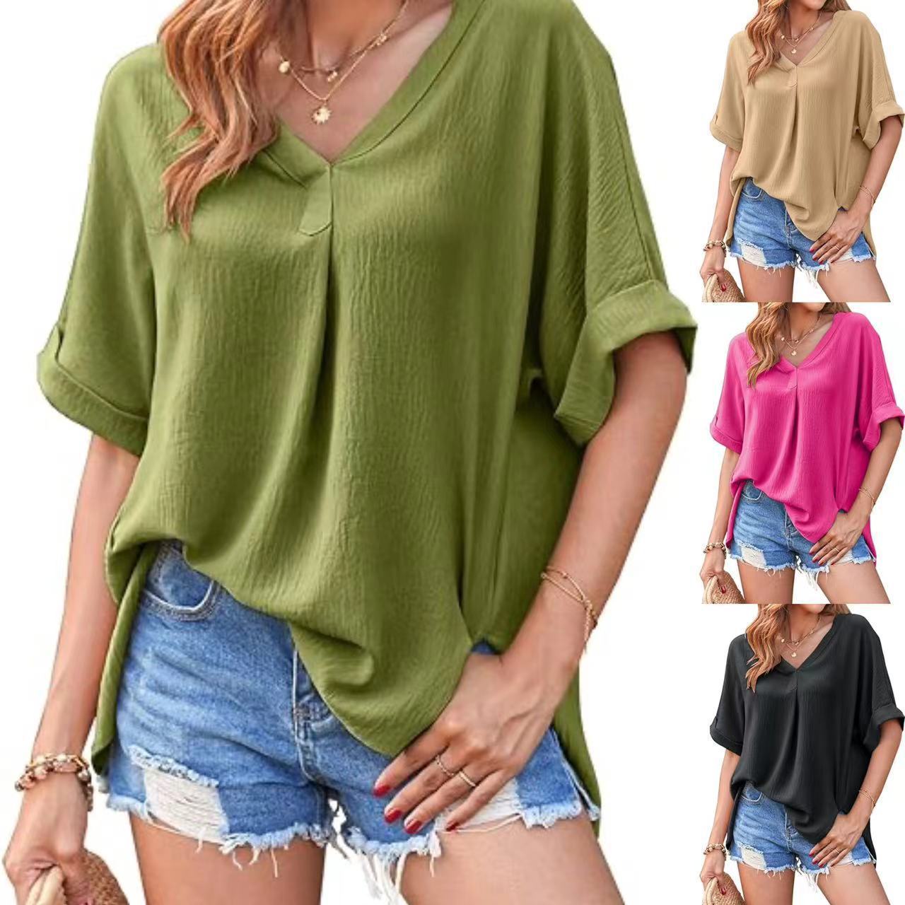 Spring And Summer Solid Color Short Sleeve Loose Blouse