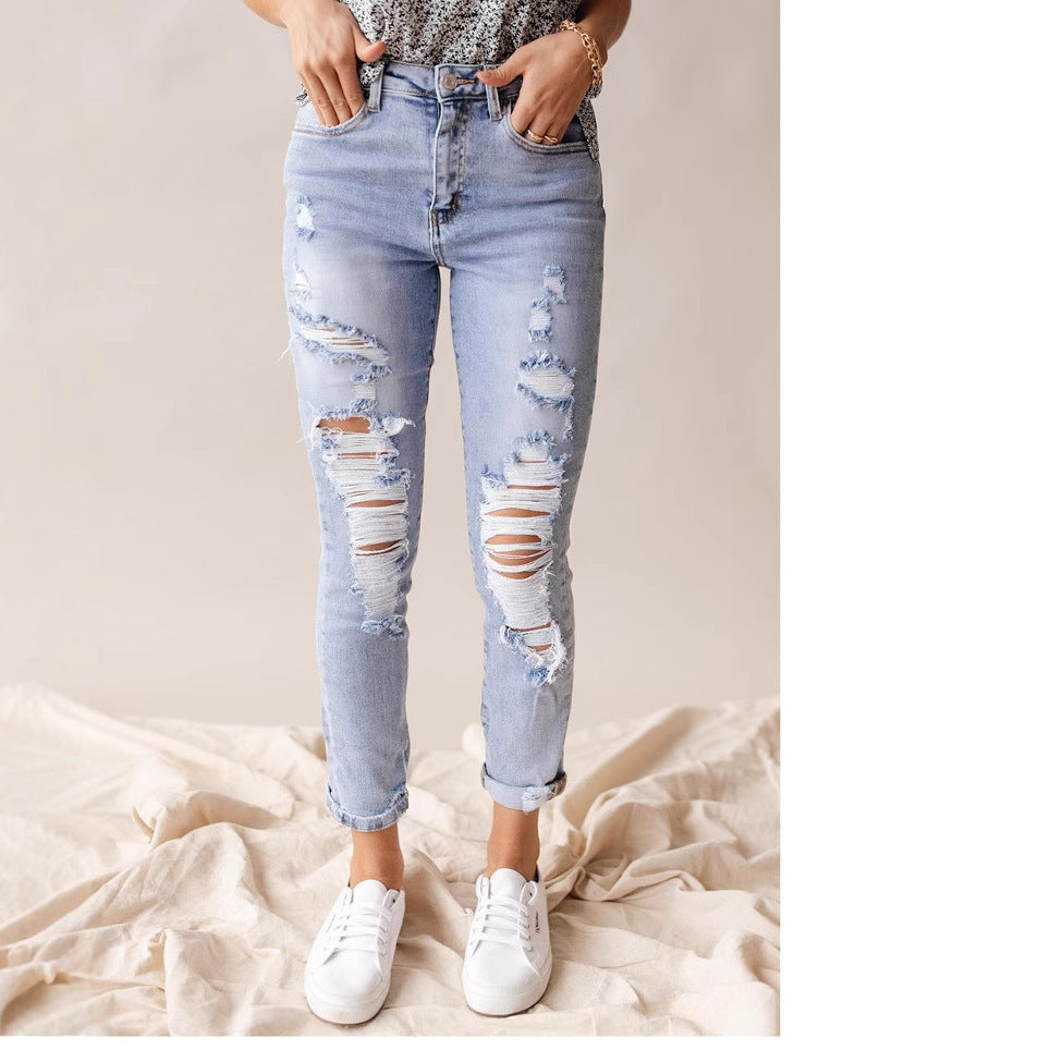European And American Spring And Summer Leisure Fashion Holes High Waist Jeans For Women