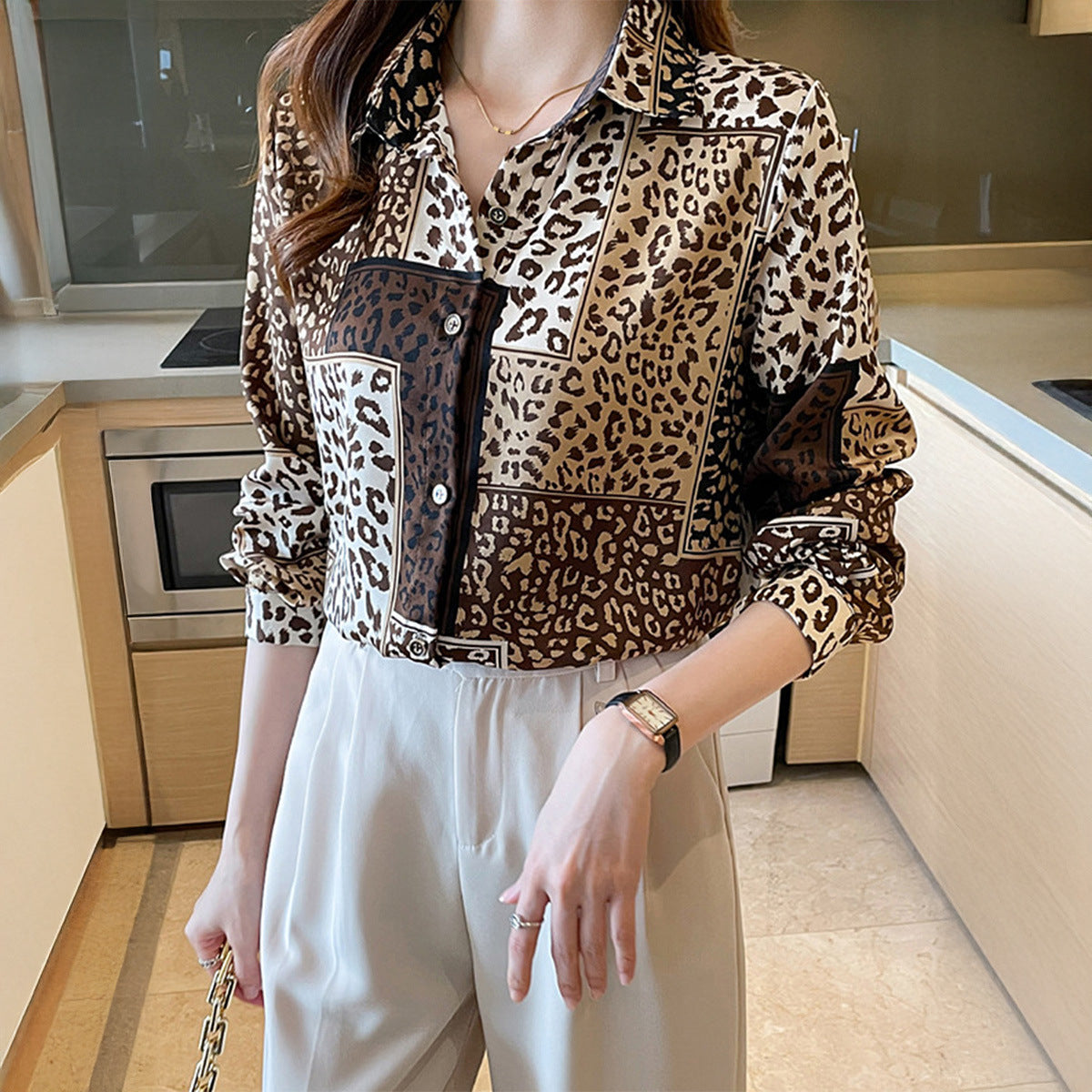 Casual Vacation Leopard Print Button Long Sleeve Shirt Women's Clothing