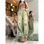 High Waist Painted Raw Edge Ripped Wide Leg Jeans For Women Loose Drape Straight Floor-length Trousers
