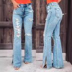 Ladies Jeans High Waist Ripped Slightly Stretch Split Trousers